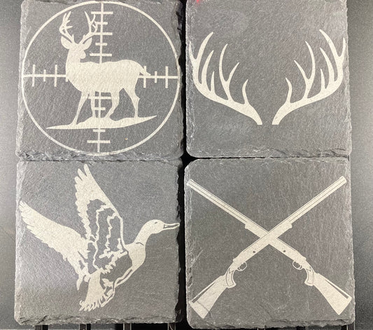 Set of 4 Hunting Style Engraved Slate Coasters